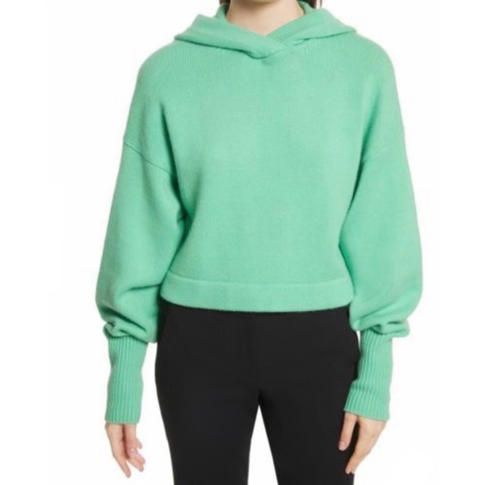 TIBI Blouson Hooded 100% Cashmere Pullover SweaterXS Green Casual Comfort Luxury